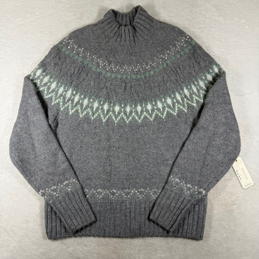 Artelier Nicole Miller Gray Fair Isle Cable Knit Mock Neck Sweater M NWT